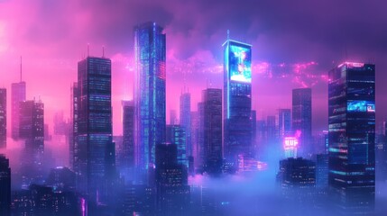 Vibrant Futuristic Cityscape Bathed in Neon Lights and Atmospheric Fog
