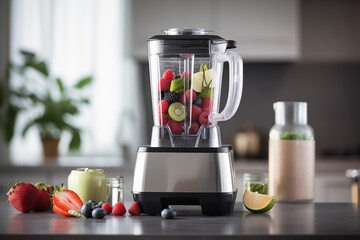 Blender full of fruits in kitchen counter, mockup, healthy eating, food photography