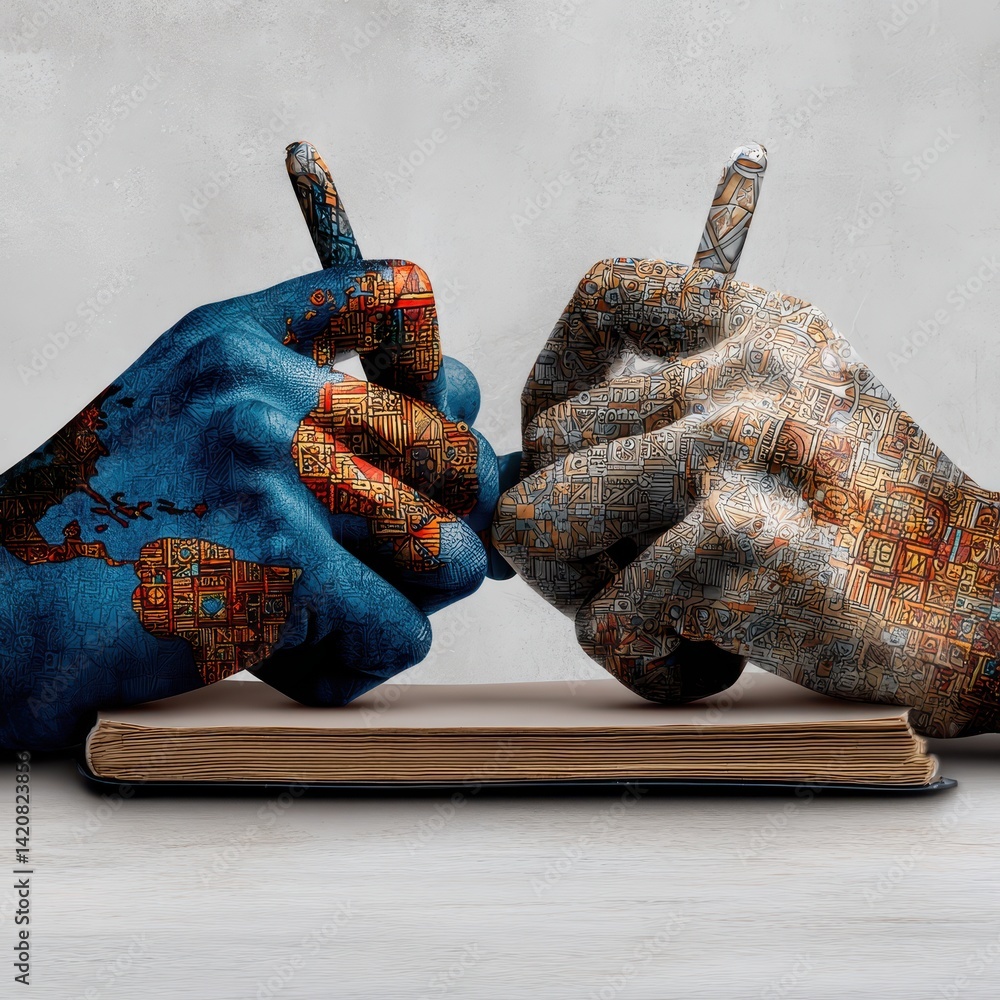 Poster hands with colorful world map patterns engaging in a symbolic struggle on a plain background
