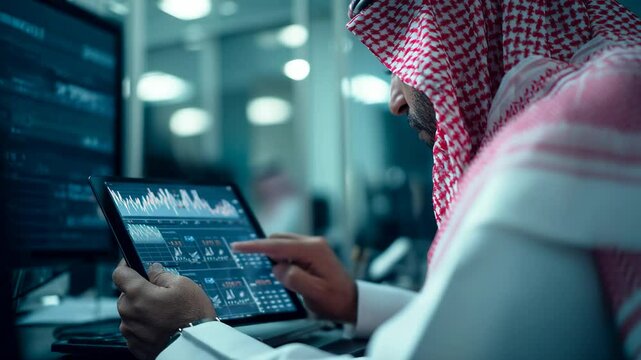 A business executive in Saudi Arabia is looking at a tablet to analyze the market.