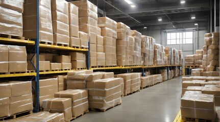 Pallets of food and consumer products stacked on pallets and on shelves.generative.ai