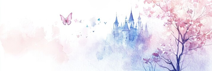 Watercolor Castle and Trees with Butterflies