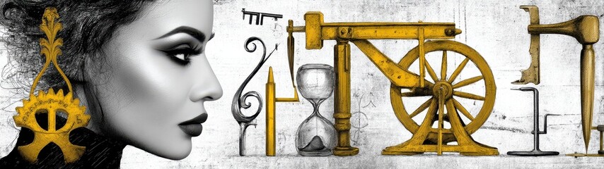 Elegant Profile of a Woman with Artistic Yellow and Black Elements Representing Time and Creativity