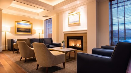 Fototapeta premium Cozy lounge area with modern furniture, warm fireplace, and evening light streaming through windows