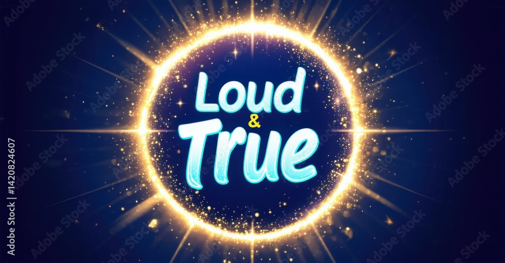 Leinwandbilder bright graphic design features text loud true within glowing circular frame. sparkles radiate outwar