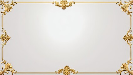 AI Generative. Elegant white background with luxurious gold ornamental frame borders. Simple gold flourishes in all four corners and along the top and bottom, with a vintage style. 43