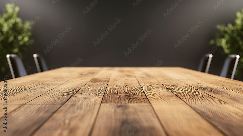 Poster a wooden table with a textured surface, viewed from above, against a dark backdrop with subtle green