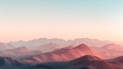 Naklejka premium Soft pastel hues blend over rolling mountains, creating a serene and tranquil landscape at dusk or dawn.