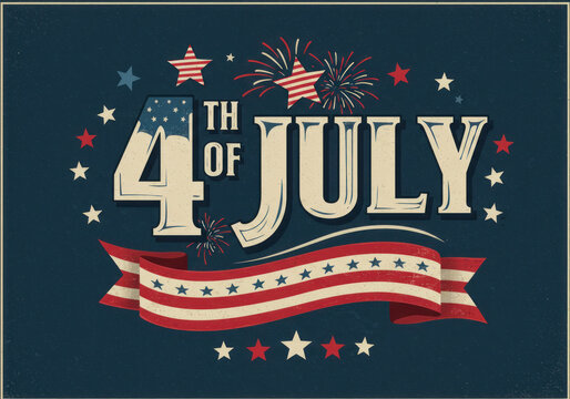 Fourth of July parade featuring marching bands, colorful floats, and waving flags along a bustling city street.