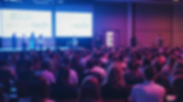 Blurred conference hall, large audience listening to presentation