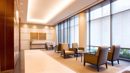 Fototapeta premium Modern office lobby with comfortable seating, artwork on walls, and natural light streaming in