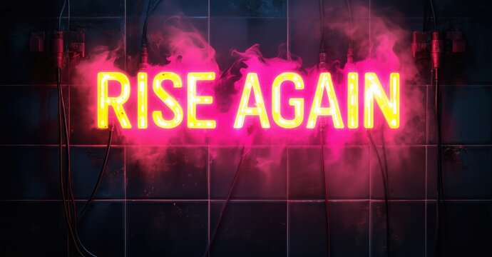 Massive glowing word rise again in hot pink and yellow surrounded by mist wires and grime on dark tiled background