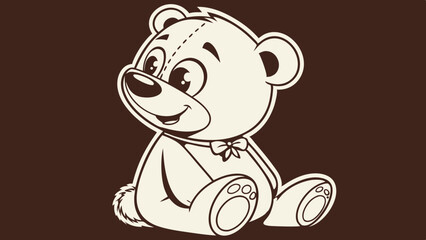 A cheerful teddy bear illustration in silhouette flat design logo sitting and smiling ,cartoon style icon vector isolated on a dark  brown background for kids