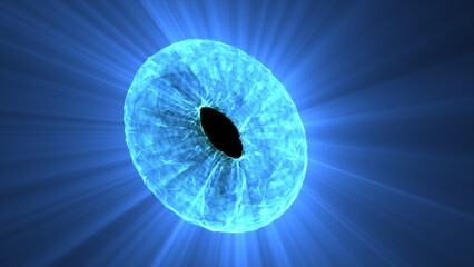 Abstract blue sphere of energy with magical glowing particles on blue background and a light core in the center.