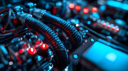 Fototapeta premium Automotive electronic wiring and control system close-up—ideal for showcasing advanced vehicle technology, engineering precision, and smart mobility solutions 