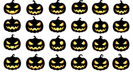 Obraz premium Many halloween pumpkins with faces on white background