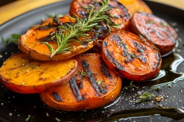 Grilled Sweet Potato and Potato Slices, Seasoned and Drizzled