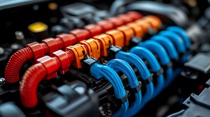 Fototapeta premium Colorful wiring harnesses in a car engine symbolize connectivity and efficiency,