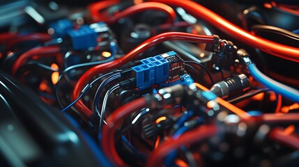 Colorful wiring harnesses in a car engine symbolize connectivity and efficiency,


