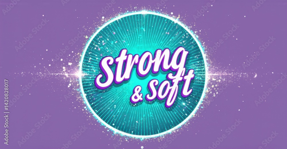 Poster bright circular logo displays text strong soft over teal radial burst. purple background features sc