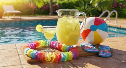 Refreshing Summer Drinks and Beach Essentials by Swimming Pool
