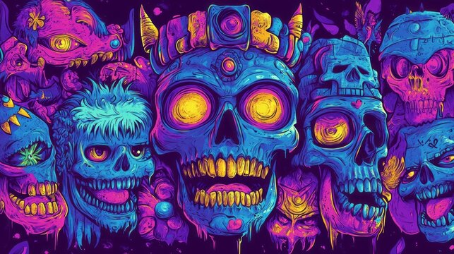 A vibrant chaotic collage of skulls and monstrous creatures