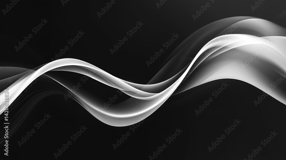Poster abstract grayscale wave design with flowing, dynamic lines on black background.