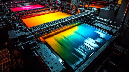 Fototapeta premium industrial printing press in operation, with flowing CMYK inks showcasing their vibrant colors. Dramatic lighting plays across the metal surfaces, highlighting the intricate mechanical precision of th