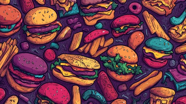 Colorful cartoon style food items in a random pattern