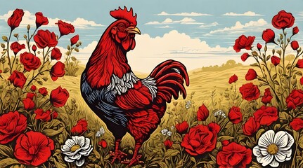 Red rooster standing in flowers field linocut illustration.generative.ai
