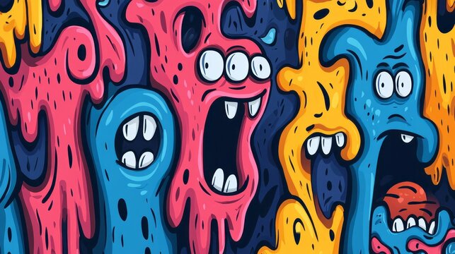 Colorful cartoon monsters with expressive faces in an abstract background