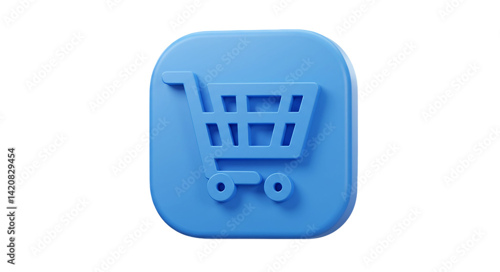 Poster a blue shopping cart icon on a rounded square button against a black background with soft lighting