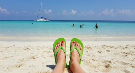 Relaxing at the Beach with Green Flip Flops and Ocean View