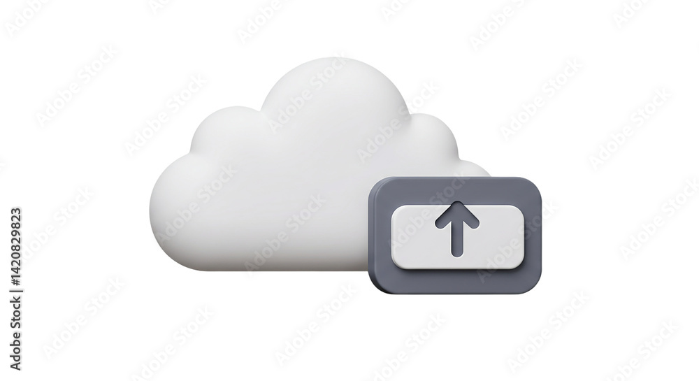 Poster 3d cloud upload icon with upward arrow isolated on white background, ideal for cloud storage service