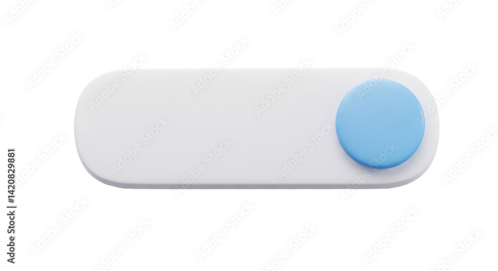 Poster 3d white toggle switch with blue knob in on position isolated on white background, ideal for mobile 