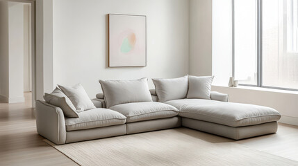 Modern living room featuring light gray sectional sofa with minimal decor