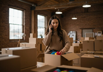 Woman surrounded by boxes in cluttered room, organizing items with focused expression.