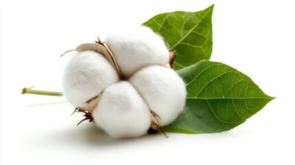 Close-up of a cotton boll with green leaves on a white background.