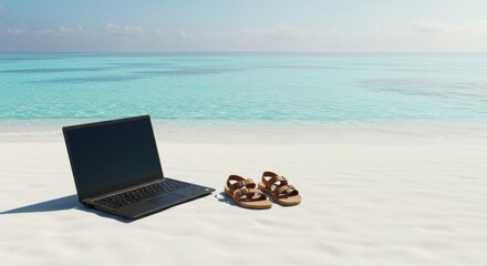 Laptop and Sandals on Sandy Beach Near Turquoise Ocean, travel and work lifestyle concepts