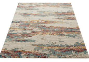 Fototapeta premium Multi-colored rug on white background, vibrant hues create a geometric pattern, adding a modern touch to the space.