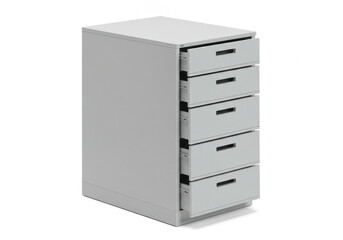White filing cabinet with drawers, open and filled with colorful folders, standing 