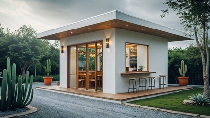 a small, modern caf&eacute; with a minimalist design, featuring a white rectangular building with a flat roof. The front facade includes a large wooden-framed glass door and a matching window, allowing natur