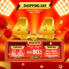 4.4 Shopping Day Banner Template design special offer discount, Super Sale banner template. 4.4 3D Flash sale banner template design for web or social media. Eps10 vector illustrationt