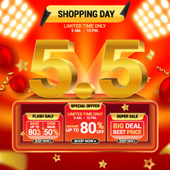 5.5 Shopping Day Banner Template design special offer discount, Super Sale banner template. 5.5 3D Flash sale banner template design for web or social media. Eps10 vector illustration