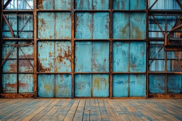 Industrial interior, metal panels, aged teal squares, wooden floor