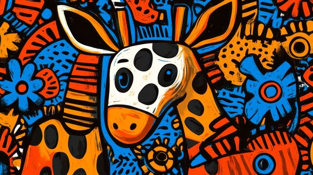 Colorful giraffe illustration surrounded by abstract patterns and shapes