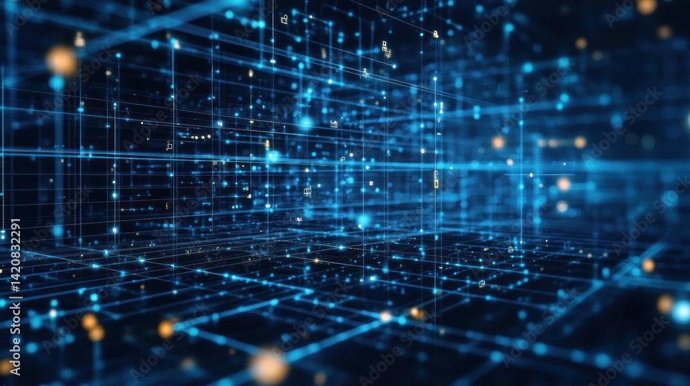 Poster abstract digital network data flow with connected points, glowing lines