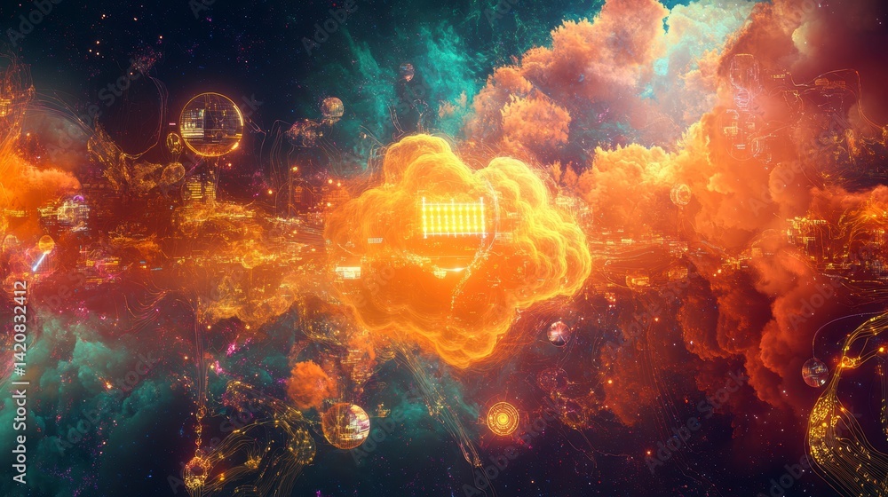 Poster abstract cosmic cloudscape with glowing elements and intricate details.