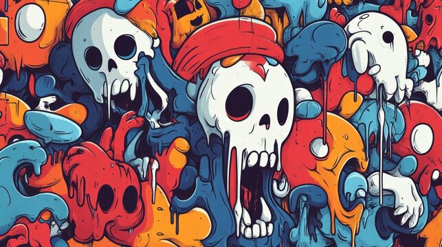 Cartoon skulls and dripping colors form chaotic abstract artwork