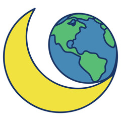 Stylized Earth and Crescent Moon with Blue Outline on Transparent Background